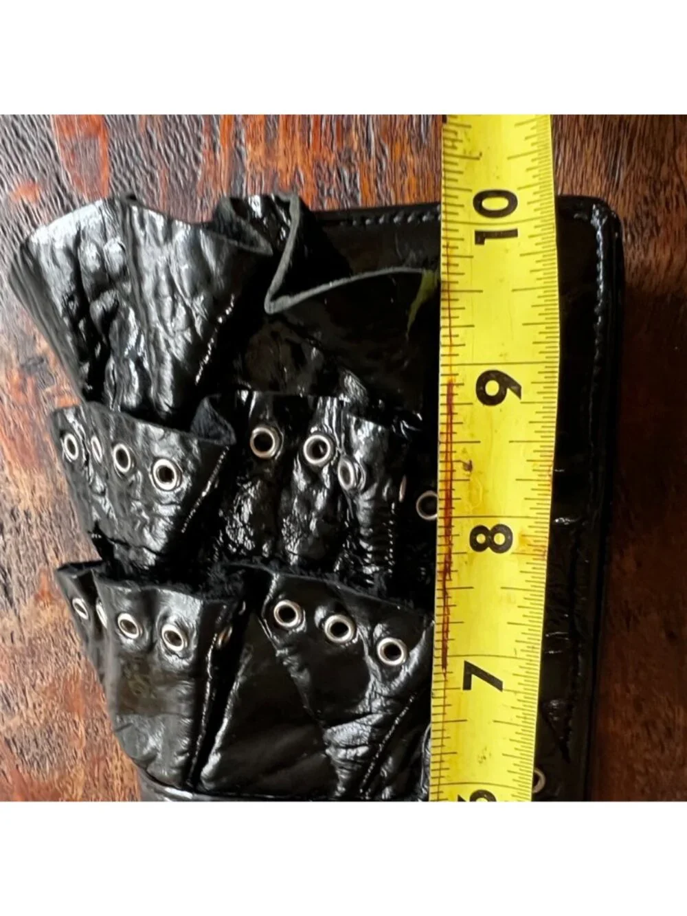 Black Real Patent Leather Susan Farber Clutch With Ruffle & Grommet Detailing 10